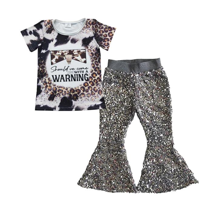 Baby Girl Cow Skull Shirt Grey Sequin Pants clothes sets