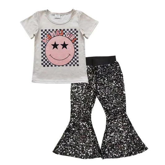 Baby Girl Face Shirt Black Sequin Pants clothes sets