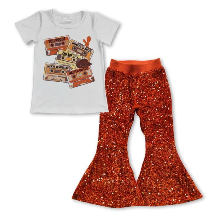 Baby Girls Tapes Short Sleeve Tee Top Dark Orange Sequin Bell Pants Clothes Sets