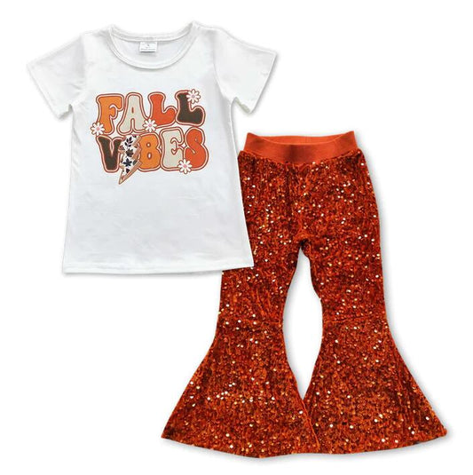 Baby Girls Fall Short Sleeve Tee Top Dark Orange Sequin Bell Pants Clothes Sets