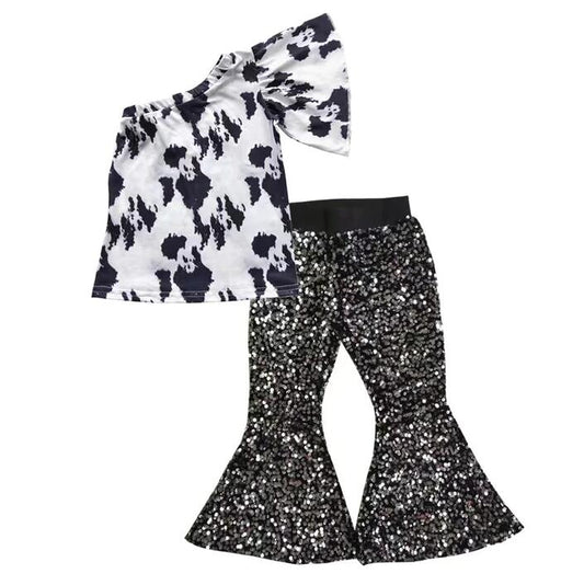 Baby Girl Cow One Shoulder Shirt Black Sequin Pants clothes sets