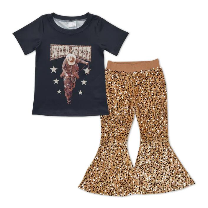 Baby Girls Wild Westen Short Sleeve Shirts Sequin Gold Bell Pants Clothes Sets