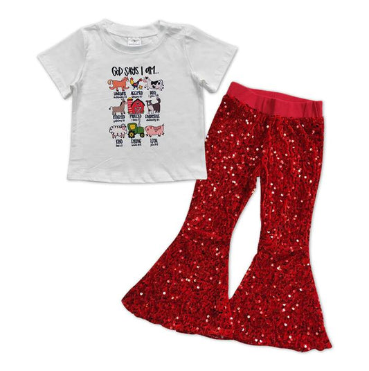 Baby Girls White Farm Short Sleeve Shirts Sequin Red Bell Pants Clothes Sets