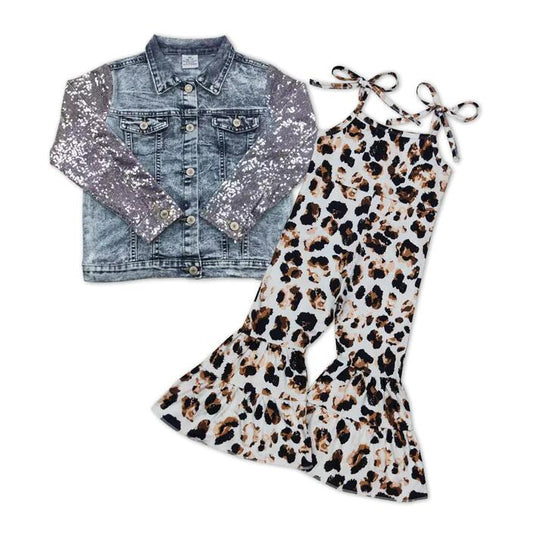 Baby Girls Denim Sequin Jackets Leopard Jumpsuits 2pcs Clothing Sets