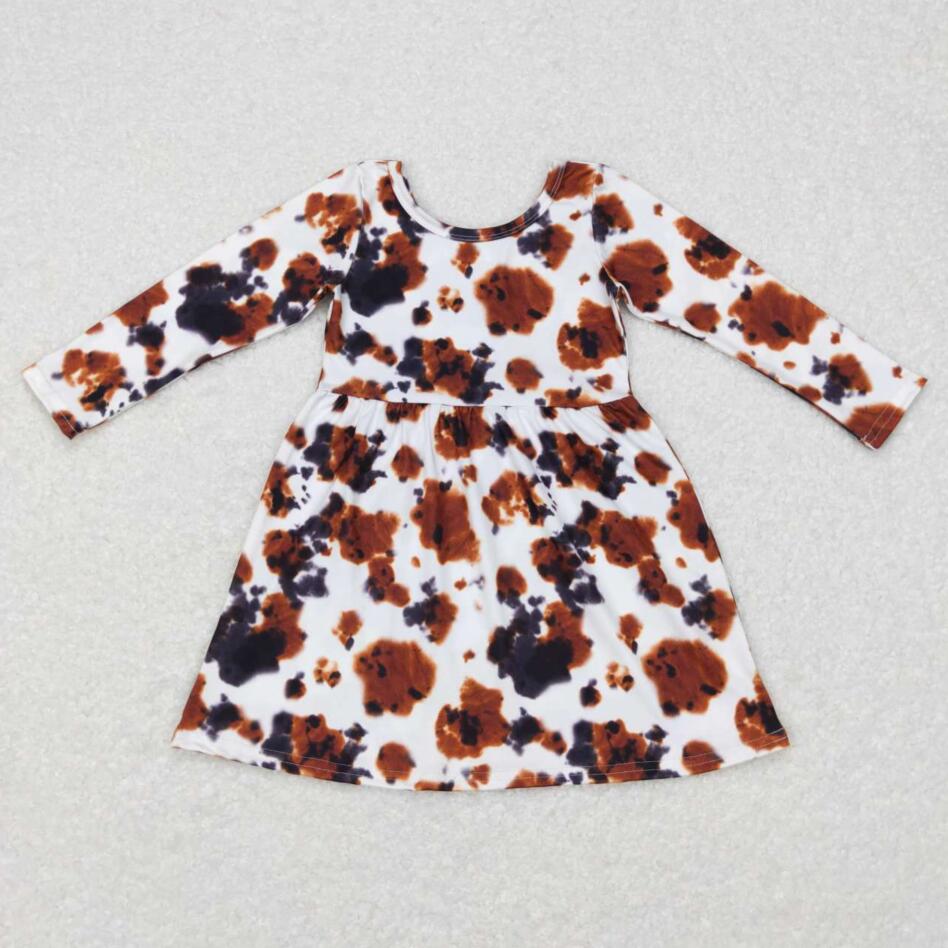 GLD0226 Girls Long Sleeve Cow Print Knee-length Dress