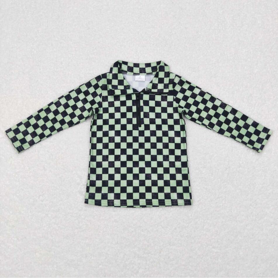 BT0399 Baby Boys Green Black Checkerboard Pullover Top