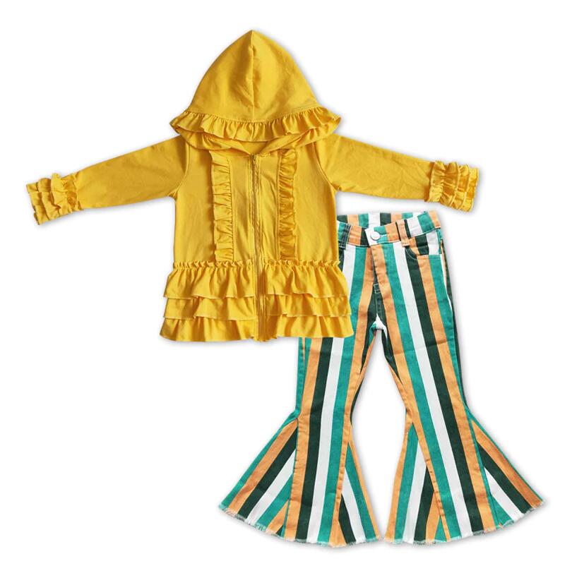 GLP1047 Yellow Cotton Jacket Matching Denim Bell Pants Set