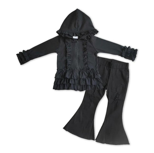 GLP1044 Black Cotton Jacket Matching Denim Bell Pants Set