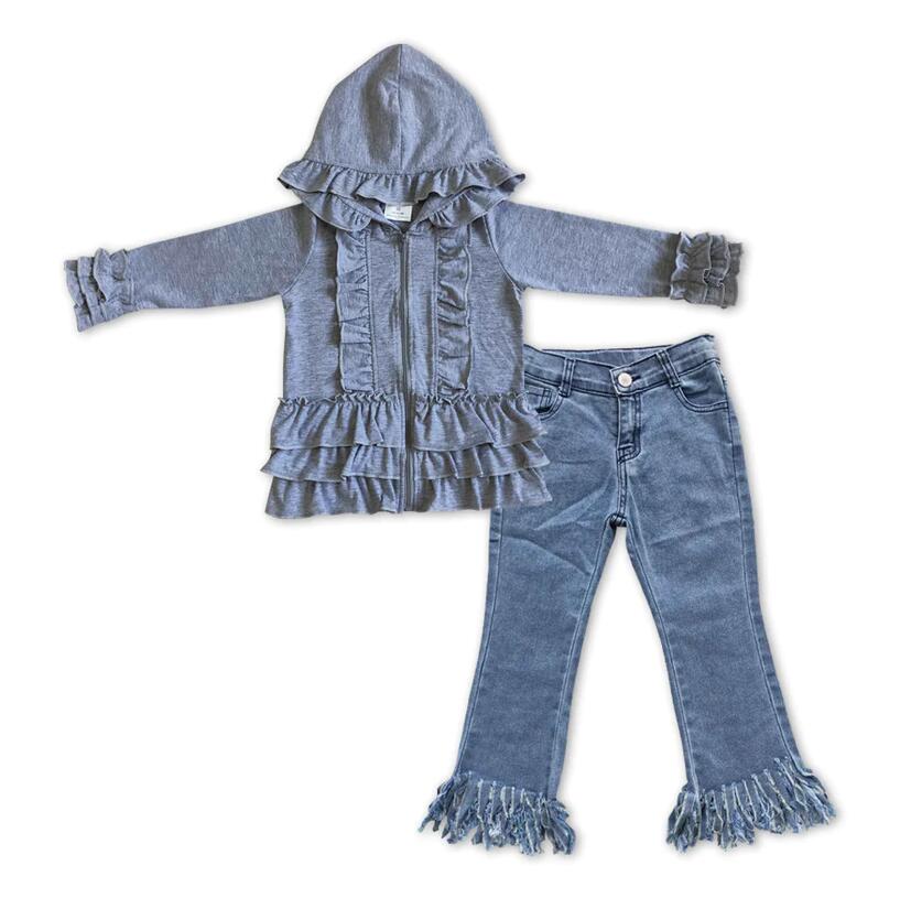 GLP1043 Gray Cotton Jacket Matching Denim Bell Pants Set