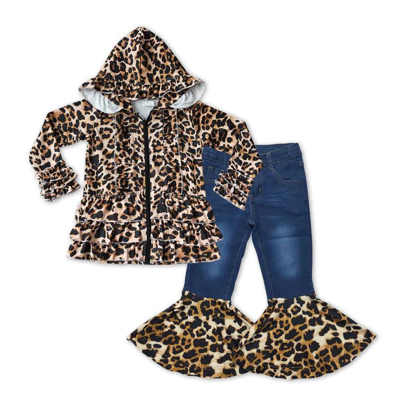 GLP1040 Leopard Jacket Matching Denim Bell Pants Set