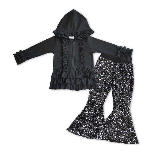 Kids Girls Cotton Black Jacket Matching Sequin Bell Pants Outfit