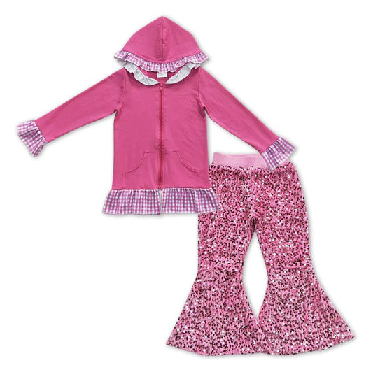 Kids Girls Cotton Pink Jacket Matching Sequin Bell Pants Outfit