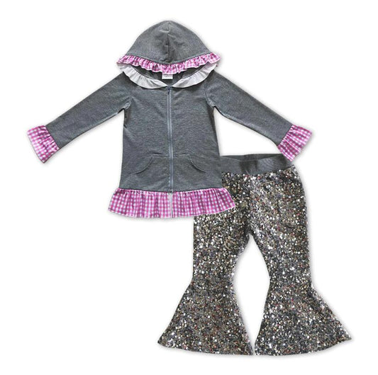 Kids Girls Cotton Grey Jacket Matching Sequin Bell Pants Outfit