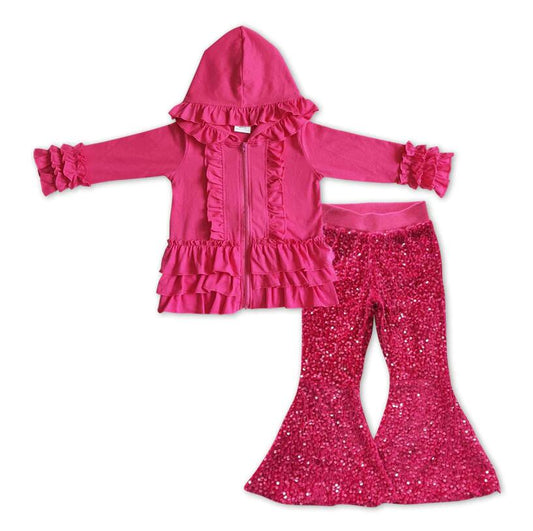 Kids Girls Cotton Hot Pink Jacket Matching Sequin Bell Pants Outfit