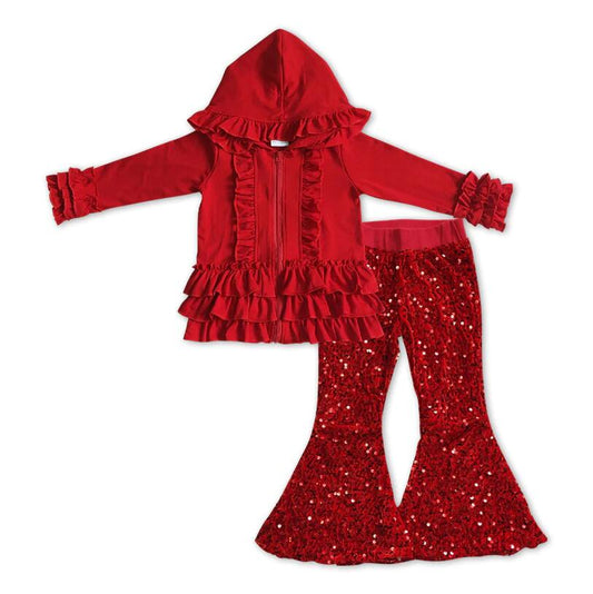 Kids Girls Cotton Red Jacket Matching Sequin Bell Pants Outfit