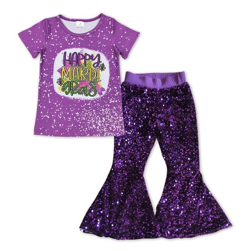 Mardi Gras Kids Girls Purple Top Matching Sequin Bell Pants Set