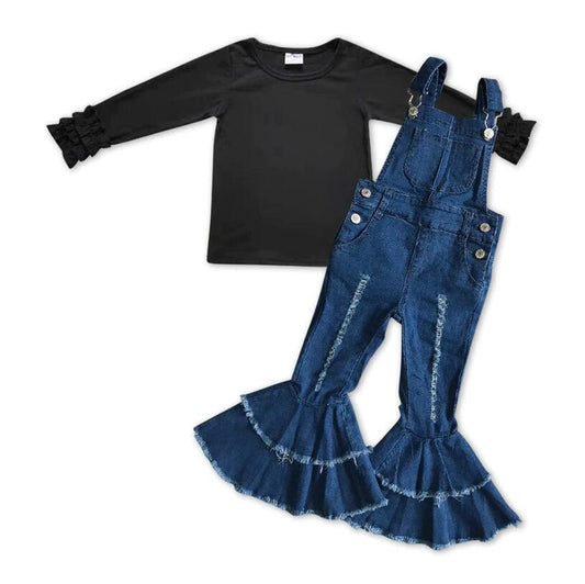 Kids Girls Fashion Black Icing T-shirt and Denim Overall Pants