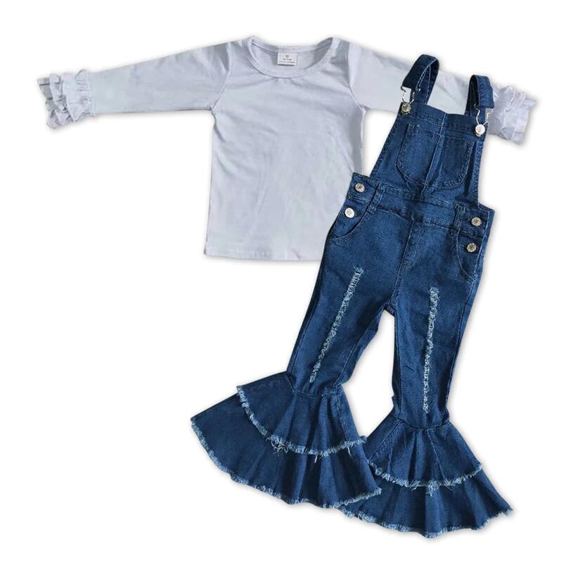 Kids Girls Fashion White Icing T-shirt and Denim Overall Pants