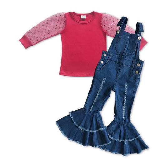 Kids Girls Fashion Hot Pink Lave T-shirt and Jeans Overall Pants