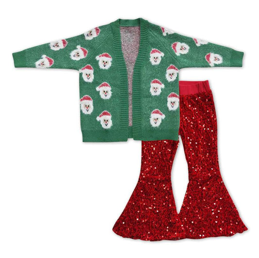 Christmas Santa Sweater And Red Sequin Bell Bottom Pants Set