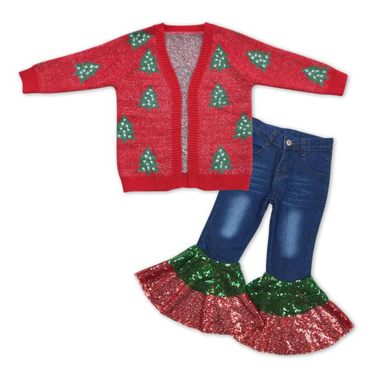 Christmas Tree Sweater And Denim Bell Bottom Pants