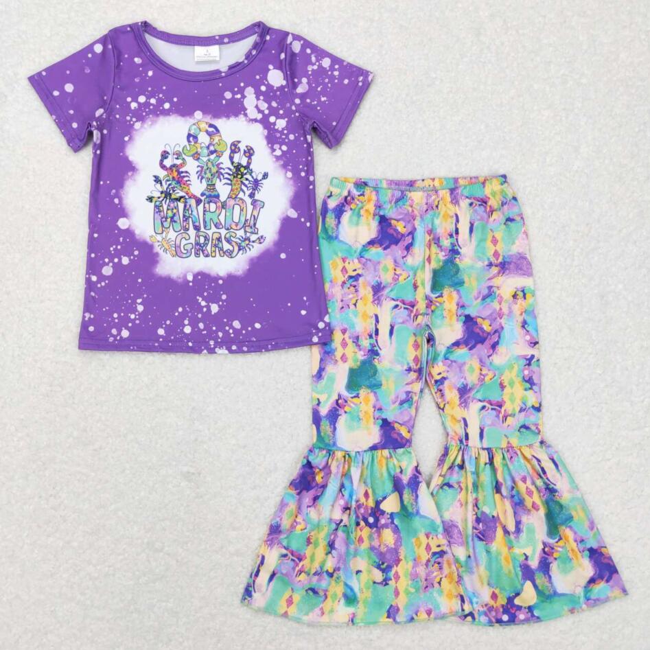 GSPO1016 Kids Girls Mardi Gras Bell Bottom Pants Outfit