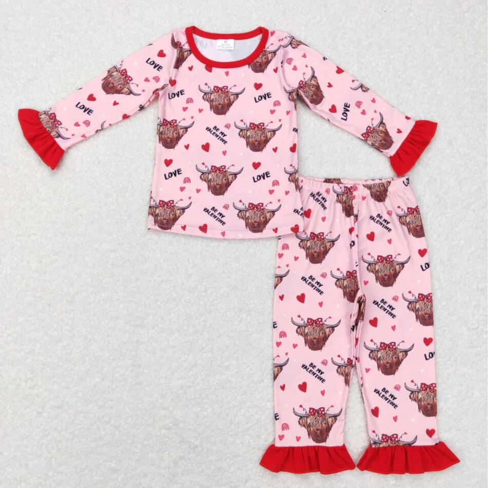 GLP0998 Cute Highland Cow Heart Long Sleeve Pajama Set