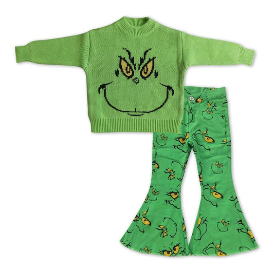 GLP1081 Baby Girls Christmas Green Face Sweater and Green Denim Pants Outfit