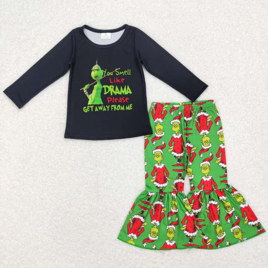 GLP0999 Girls Christmas Green Face Cartoon Bell Bottom Pants Outfit