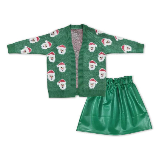 Kids Girls Christmas Santa Green Sweater Coat and Green Skirt Set