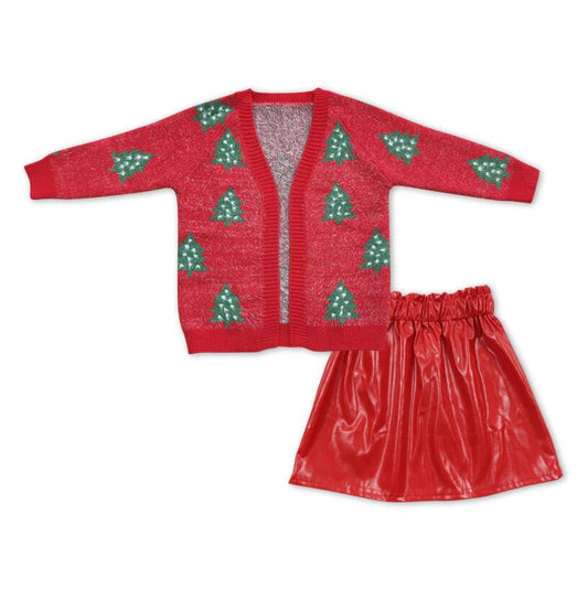 Kids Girls Christmas Tree Red Sweater Coat and Red Skirt Set