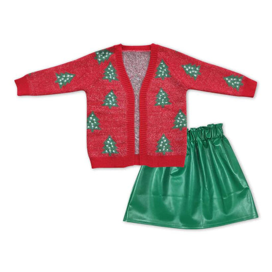 Kids Girls Christmas Tree Red Sweater Coat and Green Skirt Set