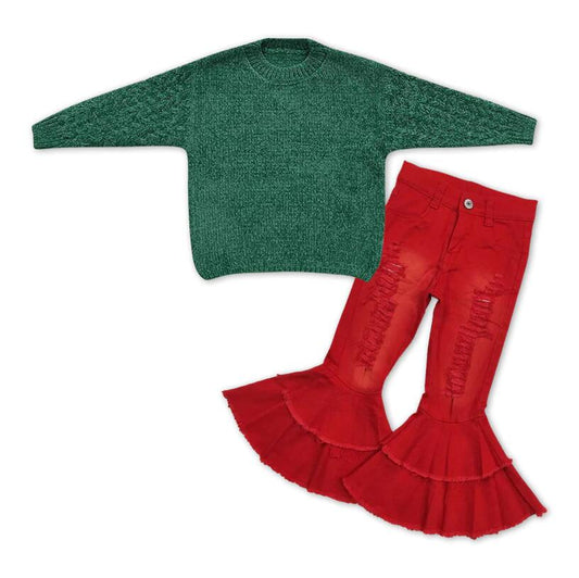 GLP1062 Baby Girls Green Sweater +Red Denim Pants Outfit