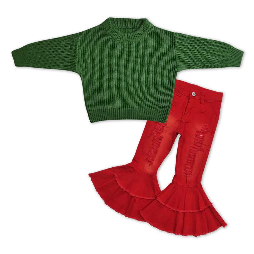 GLP1067 Baby Girls Green Sweater +Red Denim Pants Outfit