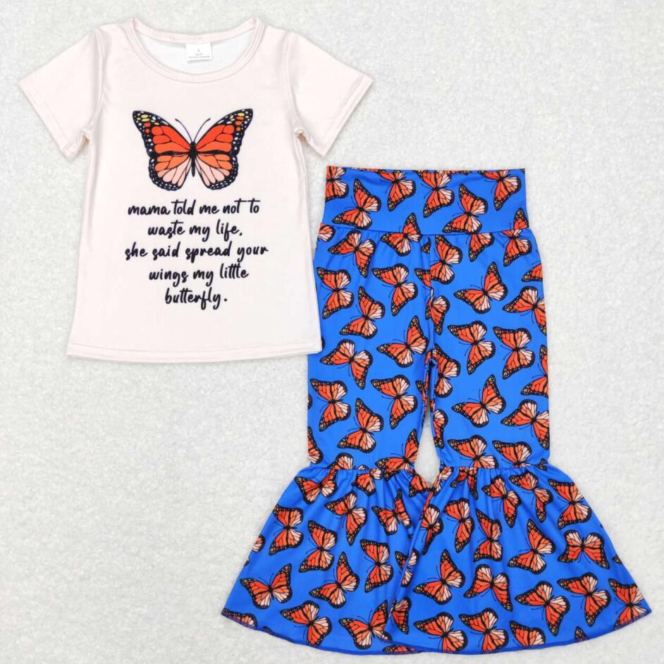 GSPO0954 Kids Girls Butterfly Bell Bottom Pants Outfit