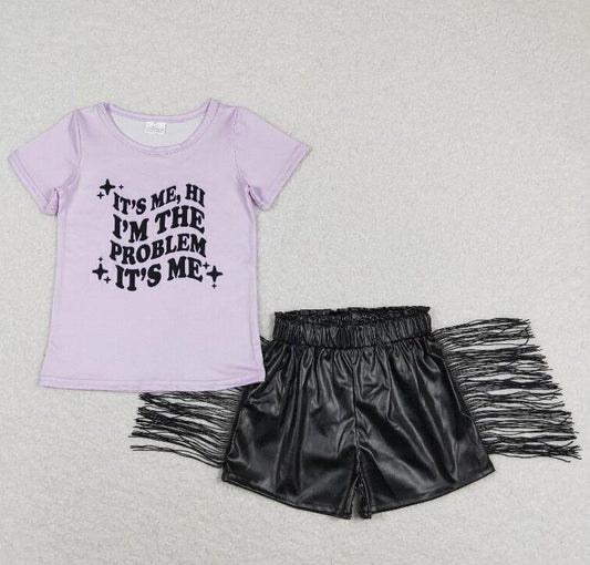 Purple Color Country Singer Top matching Black Leather Shorts Set