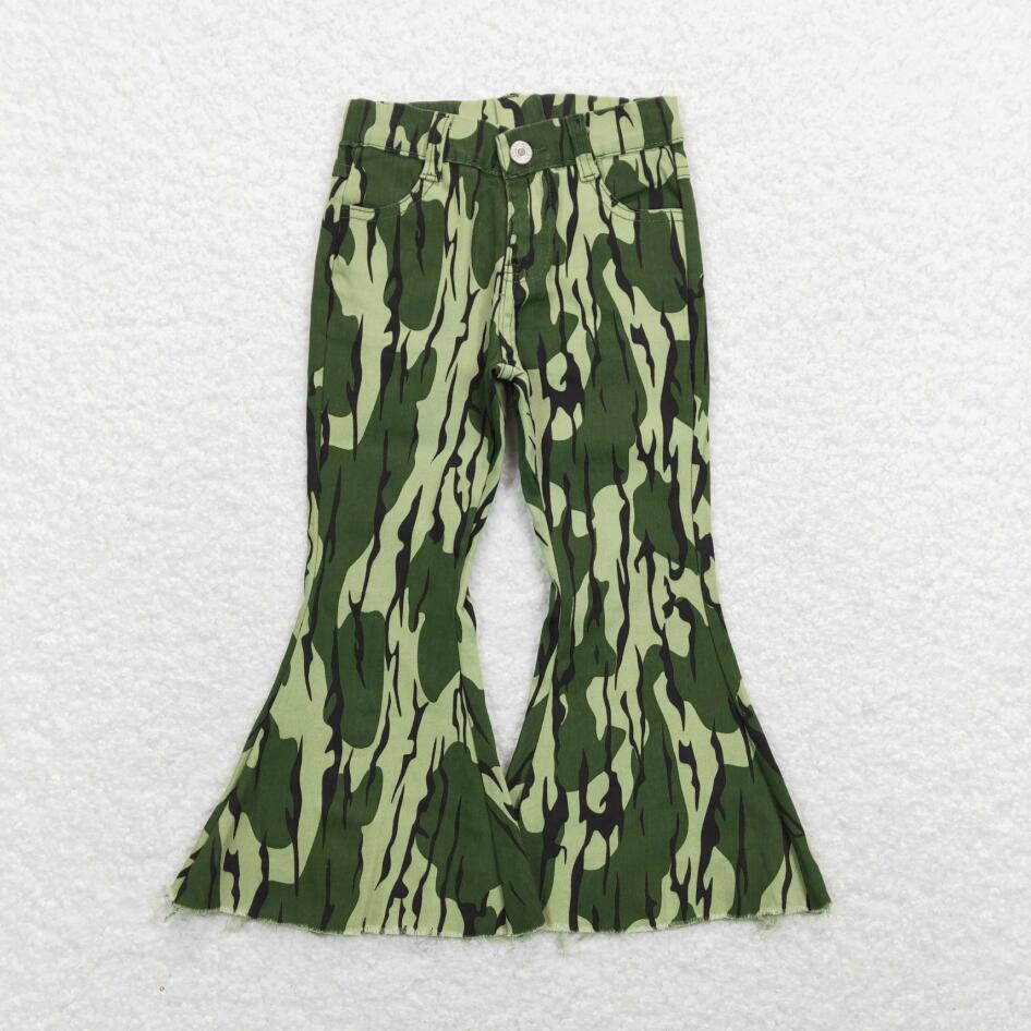 Kids Girls Green Camo Denim Straight-leg Pants