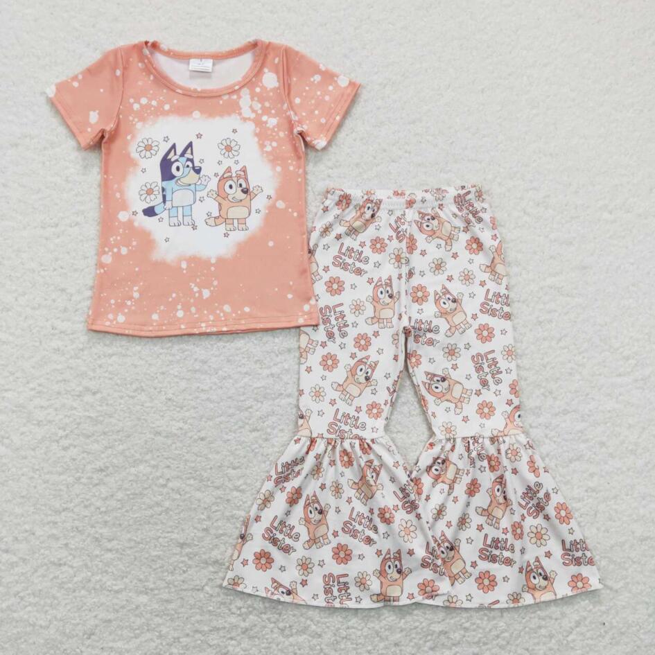 Cute Baby Cartoon Dog Outfit Orange Color Bell Bottom Pants Set