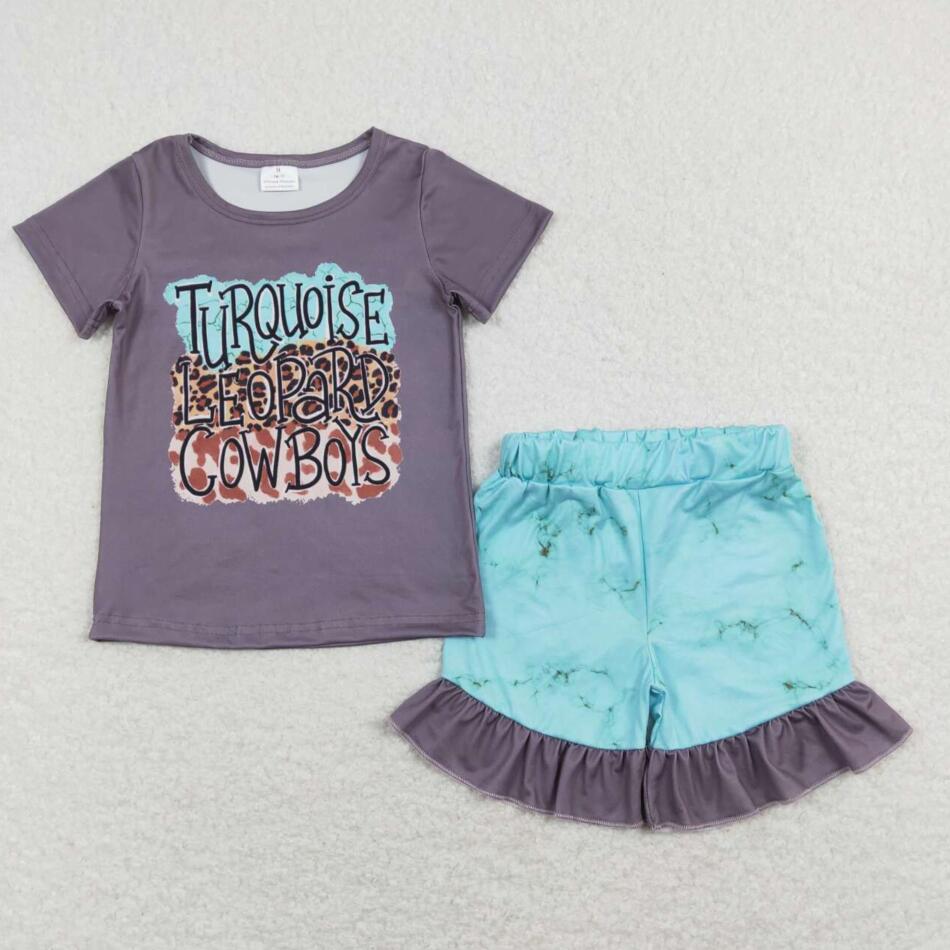 Baby Girls Turquoise Leopard Cowboys Shorts Set For Baby Girl