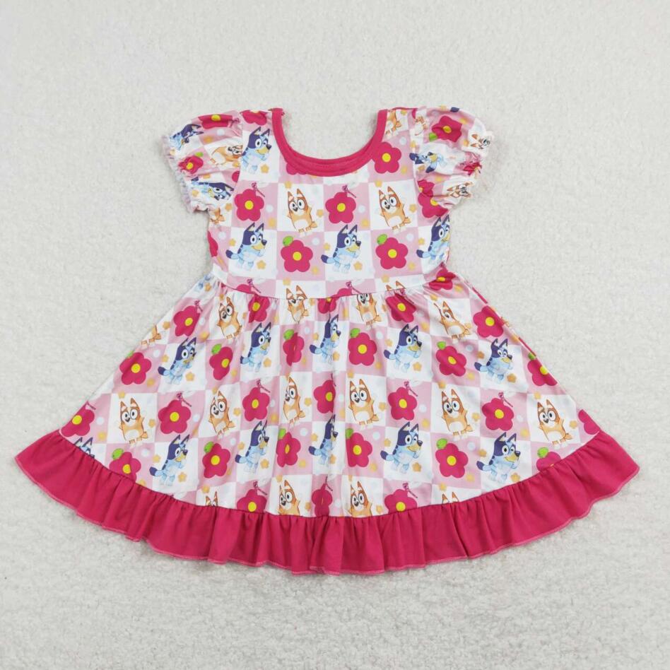 Baby Girls Cute Cartoon Dog Checker Short Sleeve Dress