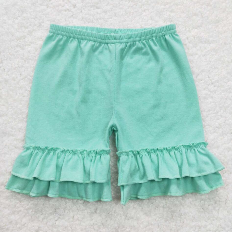 Green Solid Color Knit Cotton Ruffle Shorts