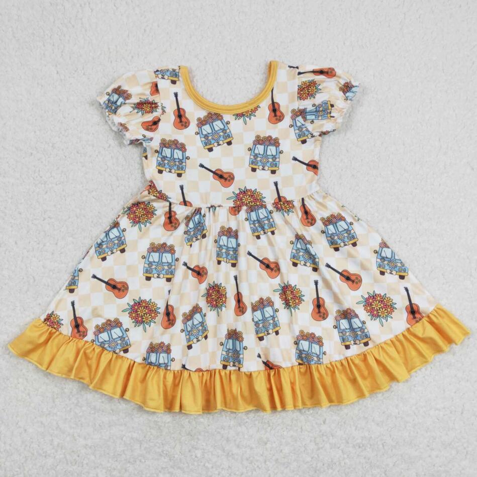 GSD0816 Kids Girls Camp Bus Flower Short Sleeve Twirl Dress