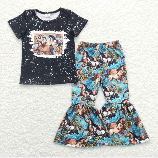 GSPO1199 Baby Girls Horse Print Top Bell Bottom Pants Outfit