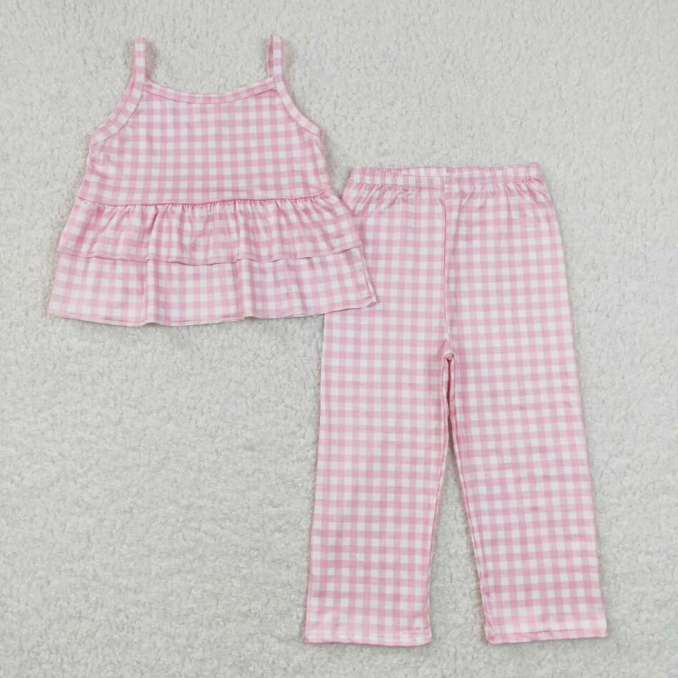 Baby Girls Pink Checkered Shirt Tops Pants Spring Clothes Sets