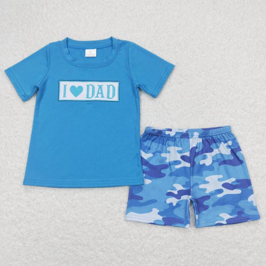 Baby Boys I Love Dad Embroidery Blue Top matching Camo Shorts Set