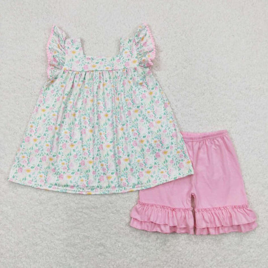 GSSO0487 Kids Girls Floral Top Matching Pink Shorts Set