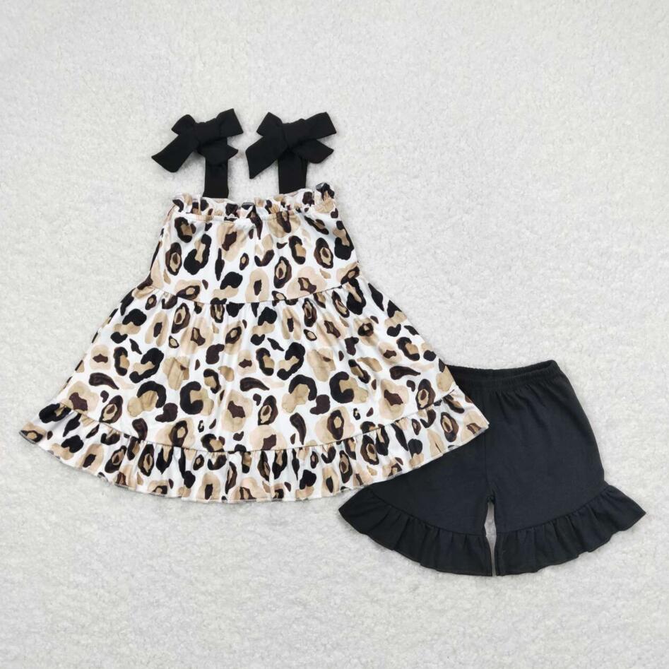 GSSO0738 Baby Girls Leopard Top Matching Black Ruffle Shorts Set