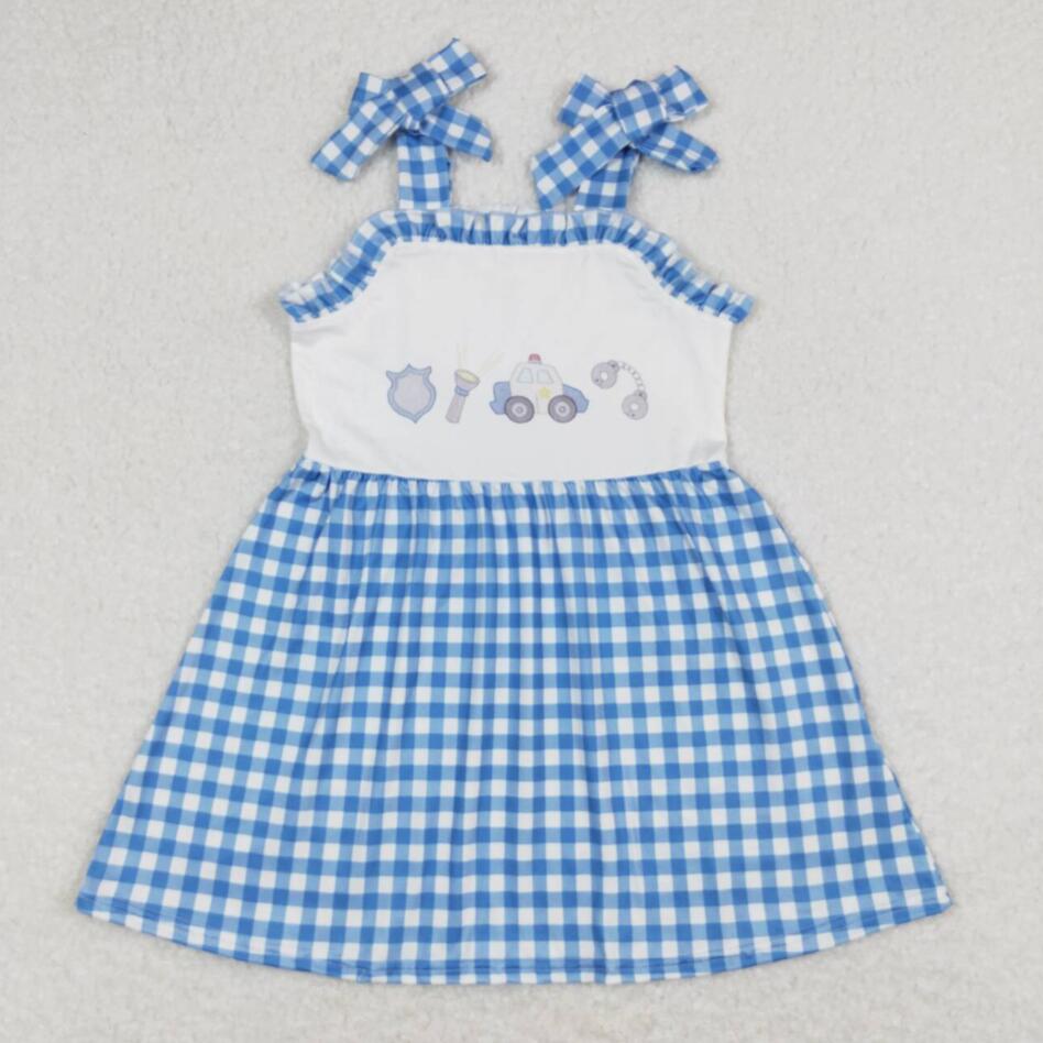 GSD0905 Baby Girls Police Car Blue Gingham Dress