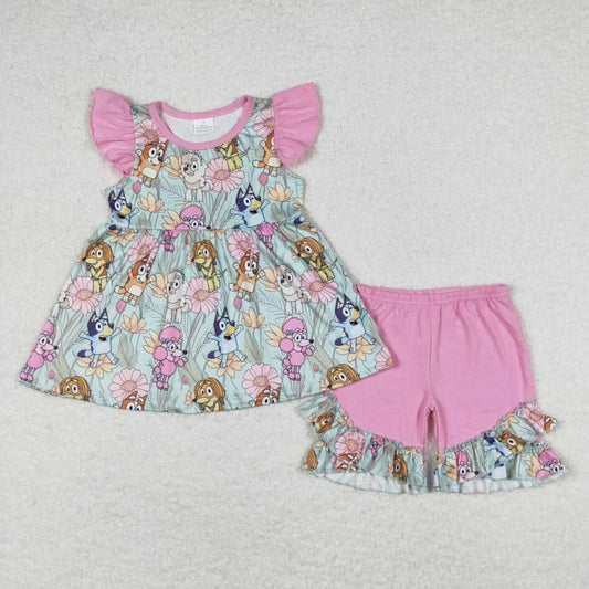 GSSO0624 Cartoon Dog Summer Floral Girls Shorts Set