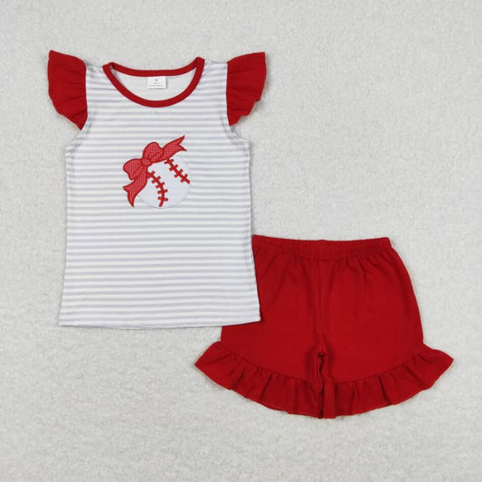 GSSO0605 Baby Girls Baseball Top Red Ruffle Shorts Set